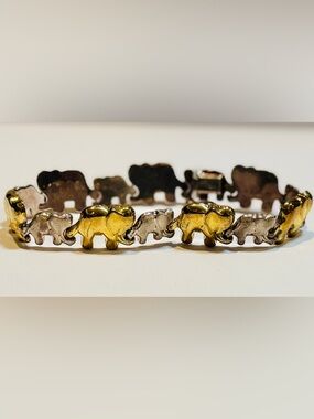 Vintage Italian Sterling Silver Elephant Bracelet 925 Two-Tone 8” Lucky Link
